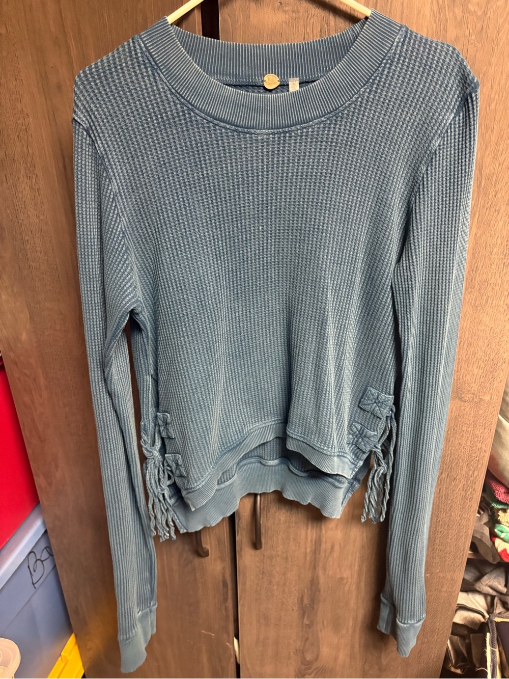 Free People Women’s Blue Waffle-Knit Long Sleeve Top with Side Tie Detail
